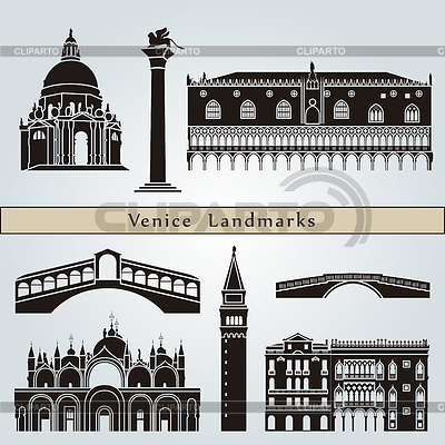 Venice Landmarks And Monuments Isolated On Blue Background In Editable