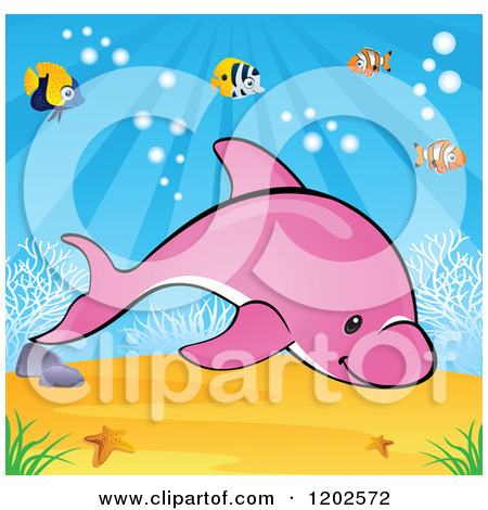Cartoon Of A Cute Pink Dolphin Swimming   Royalty Free Vector Clipart