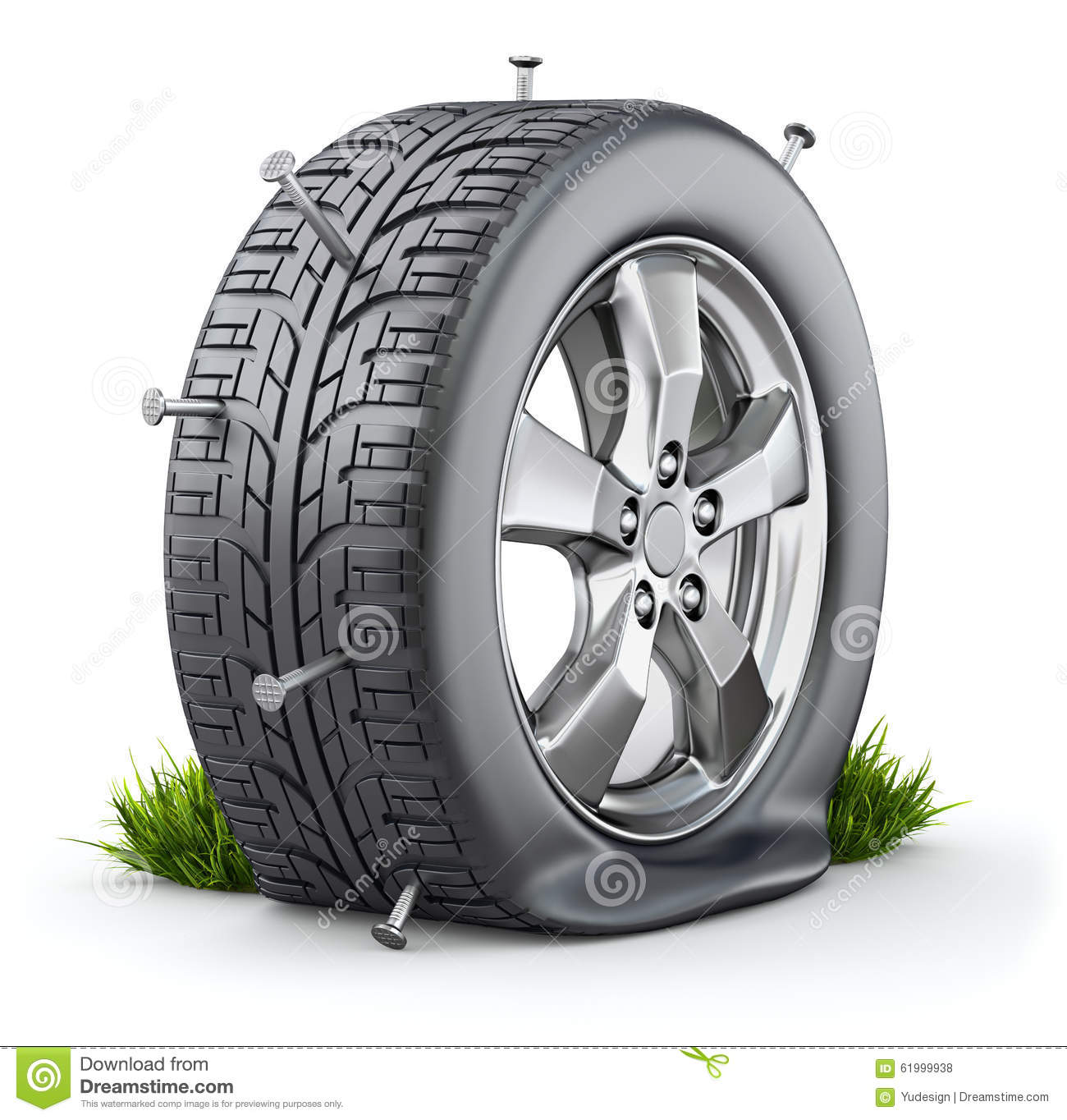 Flat Tire With Nails On White Background   3d Illustration