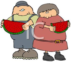 Man And A Woman Eating A Slice Of Watermelon   Royalty Free Clipart