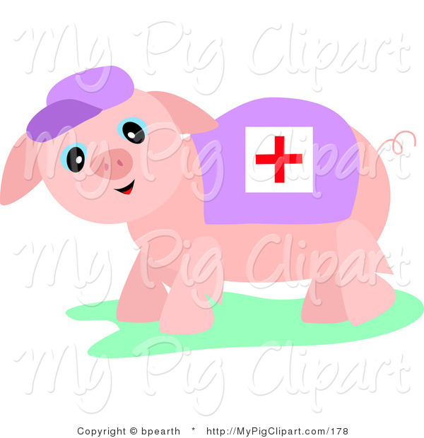 Swine Clipart Of A Pink Medic Piglet Wearing A Cross Blanket And A Hat