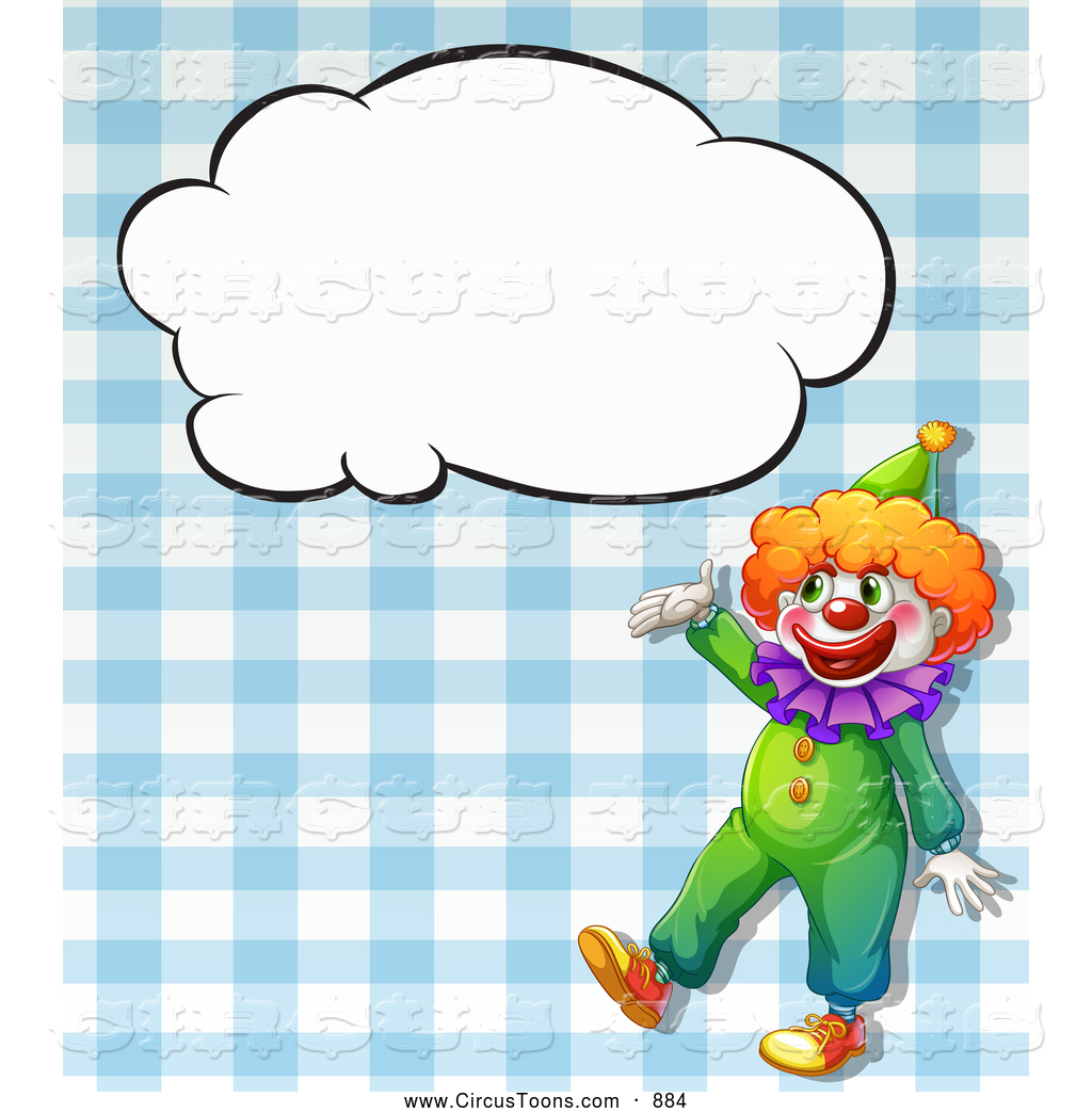 Circus Clipart Of A Cute Presenting Clown With A Cloud On Blue Gingham