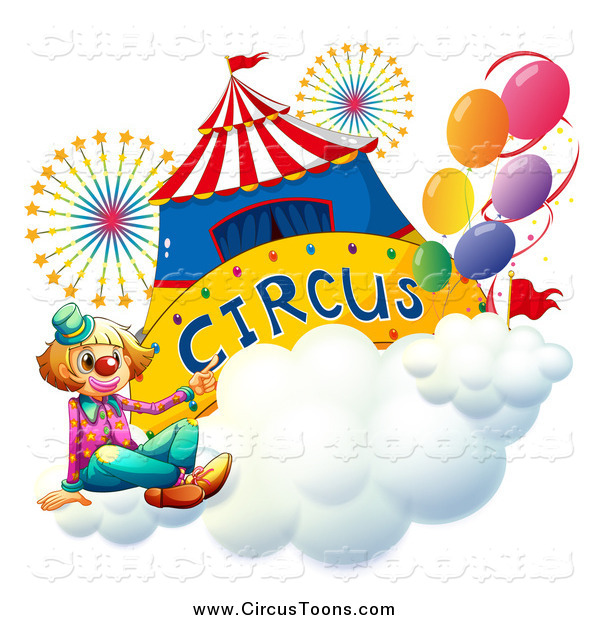 Circus Clipart Of A Presenting Clown With A Big Top Tent And Fireworks    