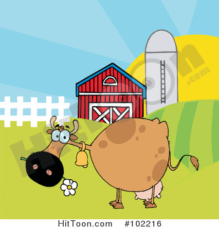 Cow Clipart  102216  Spotted Brown Cow Eating A Daisy Near A Barn And