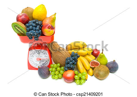 Fresh Fruits And Kitchen Scale On White Background  Horizontal Photo