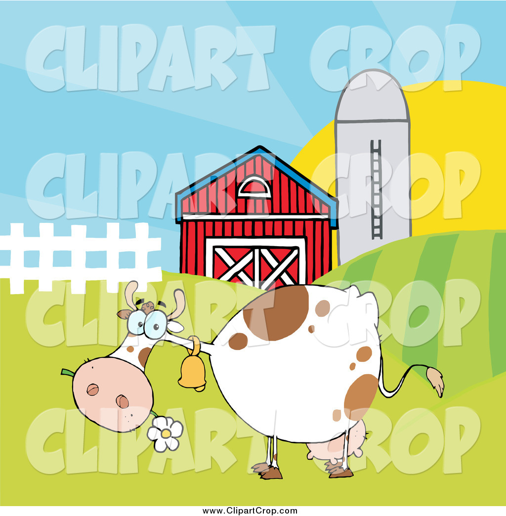 Spotted Cow Eating A Daisy Near A Barn And Silo Spotted Gray Cow