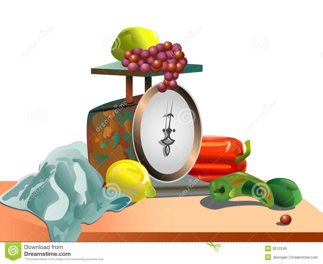 Still Life Scene Of Fruit Scale And Fruits And Vegetables