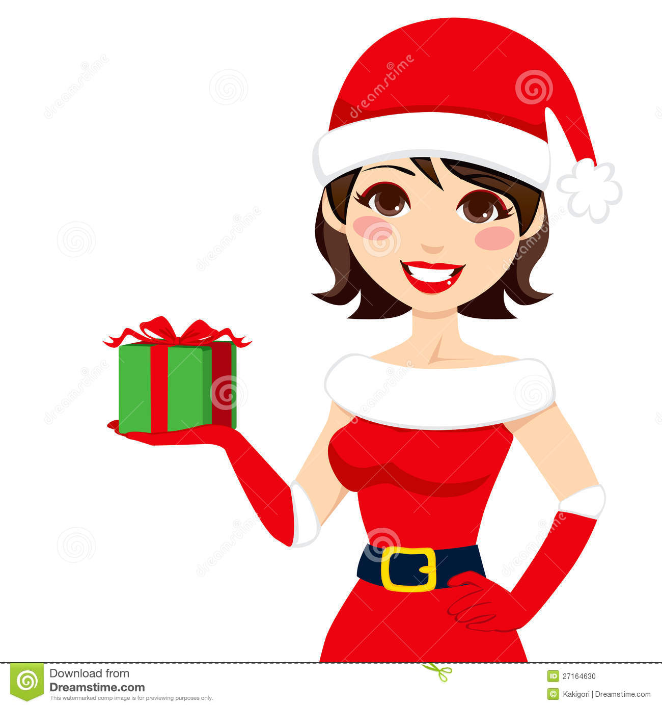     Woman In Santa Claus Clothing Holding Christmas Present Box Clipart