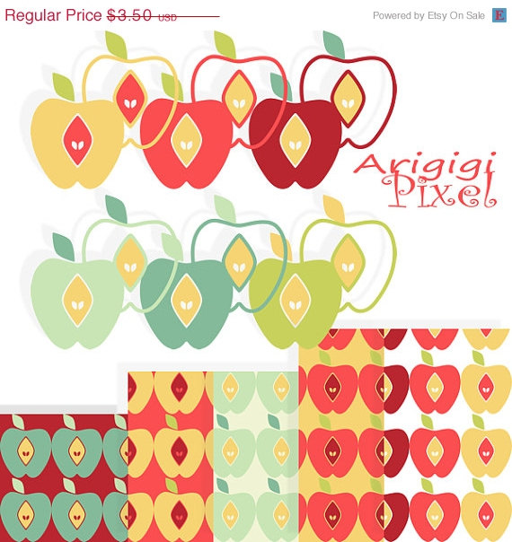 Apples Digital Paper And Clip Art Set  Back To School Fruit Clipart