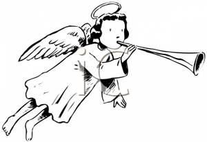 Black And White Cartoon Of An Angel Blowing A Trumpet   Royalty Free