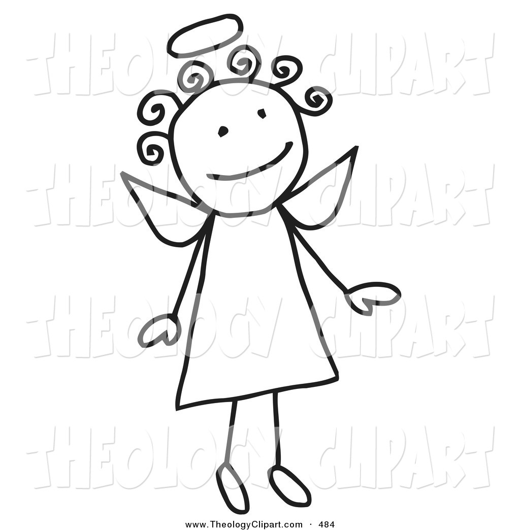 Clip Art Of A Cute Black And White Outlined Flying Female Stick Angel