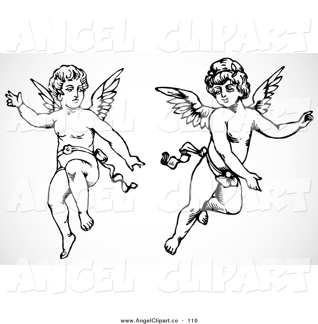 Clip Art Of A Digital Set Of Two Black And White Cupid Angels By