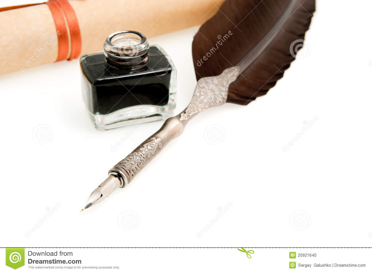 Feather Quill Inkwell And Parchment Roll Stock Photo   Image