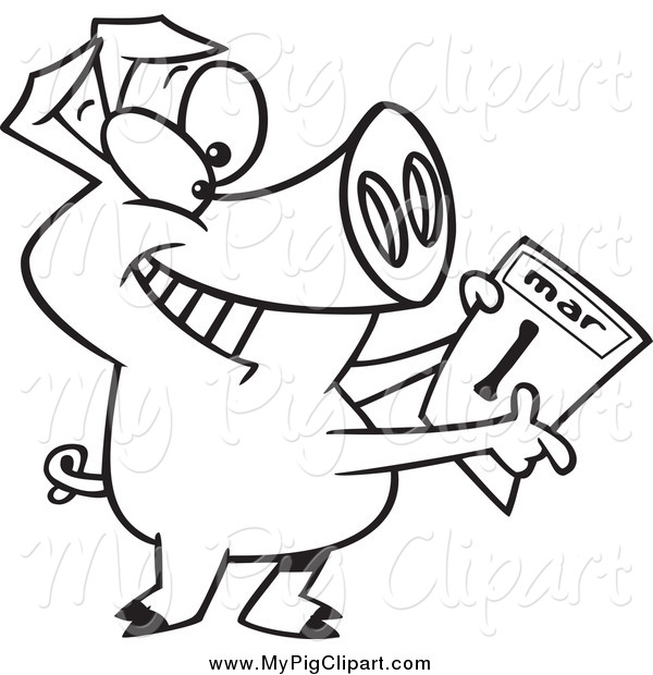 Swine Clipart Of A Black And White Pig Holding A March 1st Calendar By