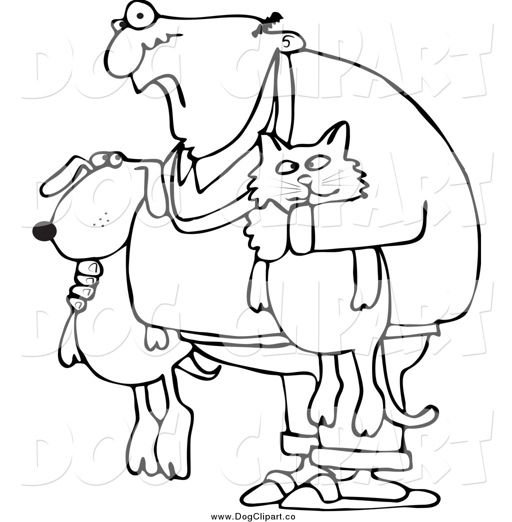 Vector Cartoon Clip Art Of A Black And White Man Holding A Dog And Cat