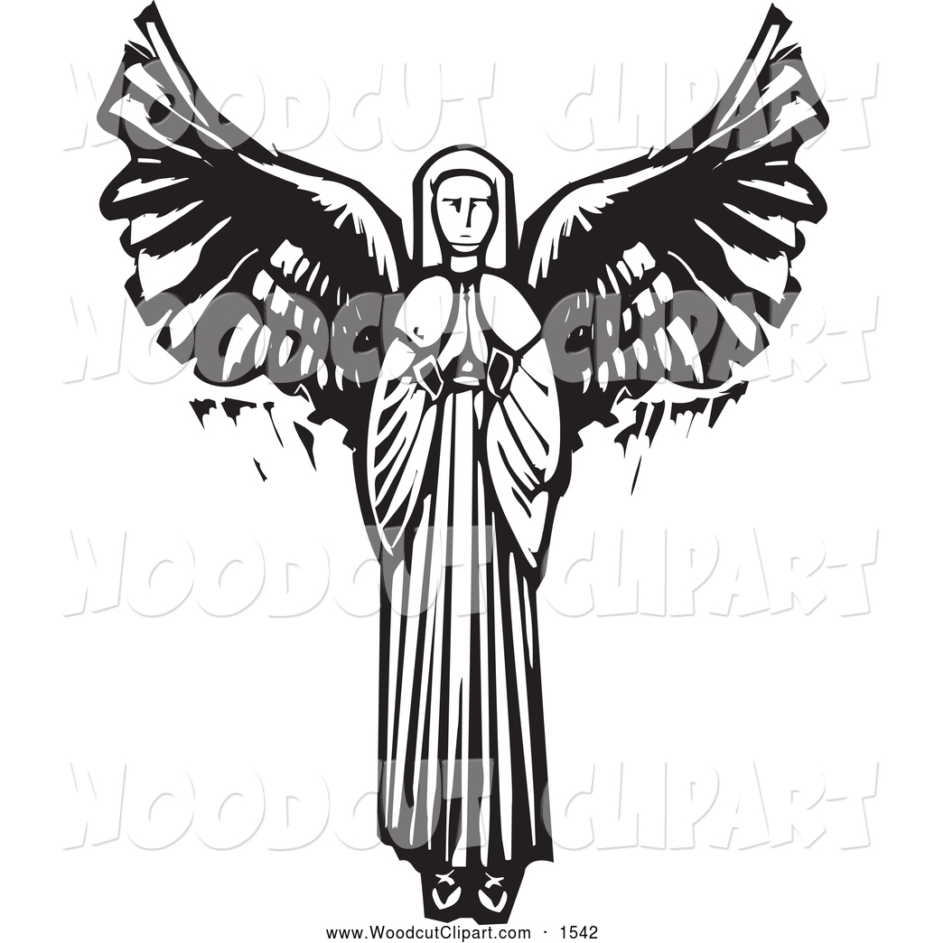 Vector Clip Art Of A Black And White Woodcut Praying Female Angel By