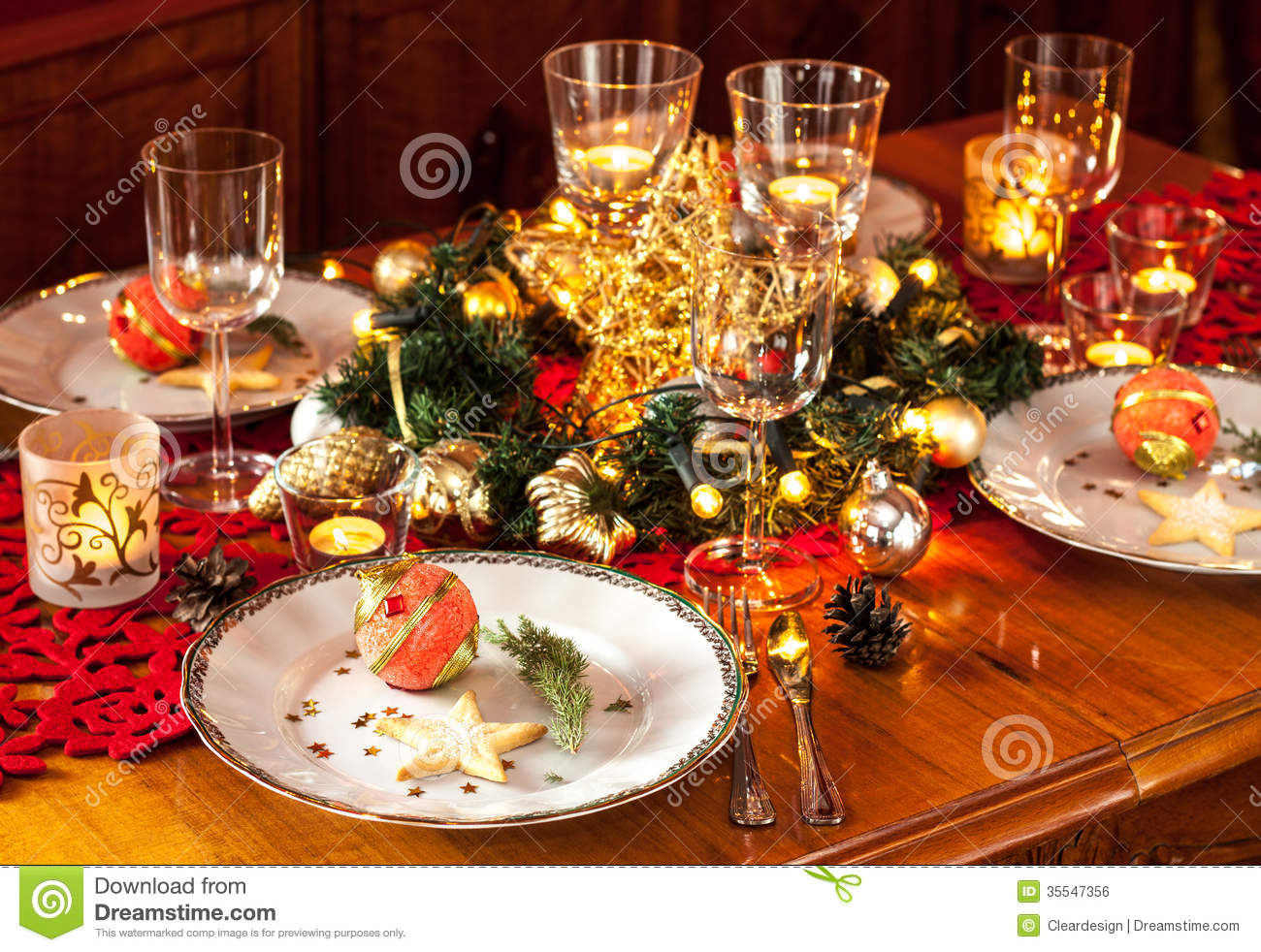 Christmas Eve Dinner Party Table Setting With Lights Gold Glittering    