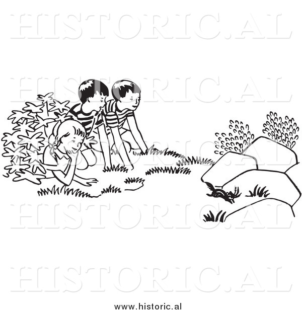 Clipart Of Kids Watching A Chipmunk Run Outside   Black And White