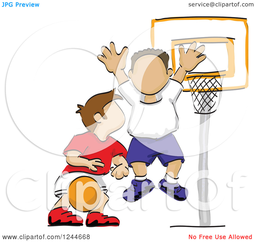 Clipart Of Sketched Boys Playing Basketball   Royalty Free Vector