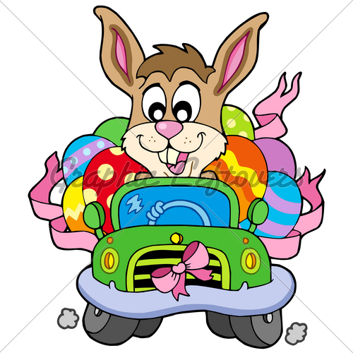 Easter Bunny Driving Car Vector Illustration