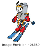 26569 Clip Art Graphic Of A Metal Trash Can Cartoon Character Skiing