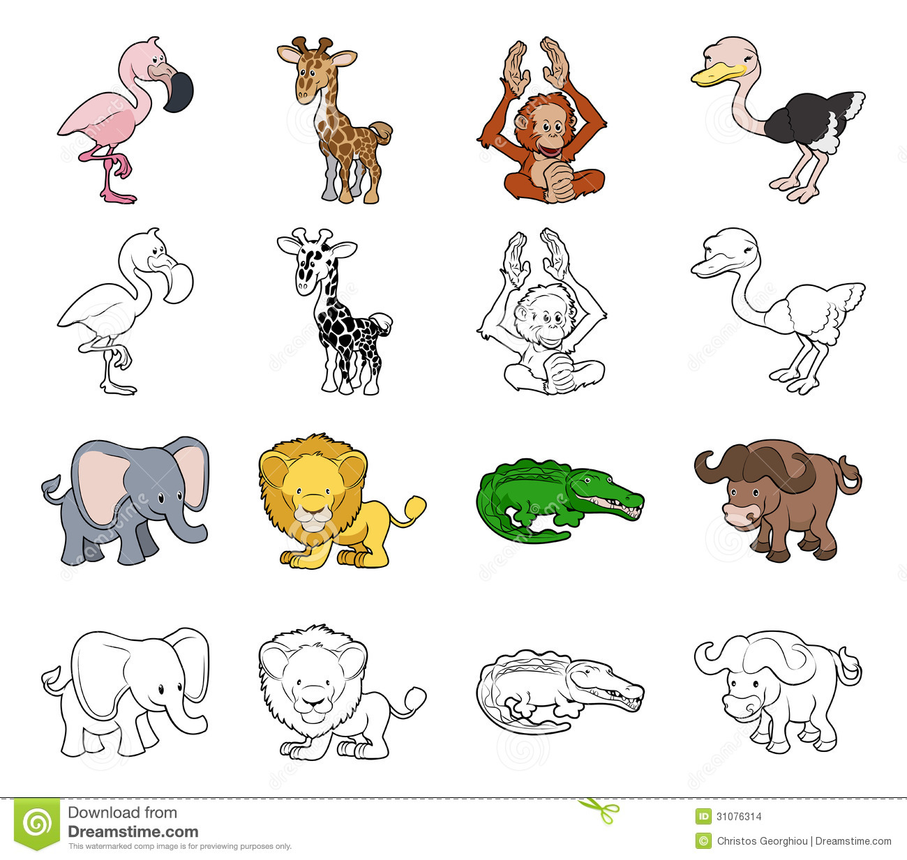 Animal Illustrations  Color And Black An White Outline Versions
