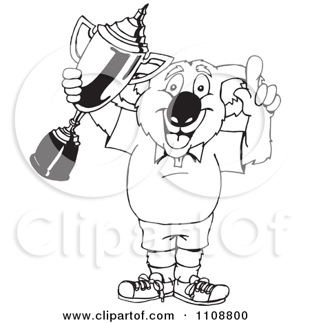 Clipart Black And White Outlined Winner Koala Holding A Trophy