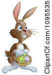 Clipart Brown Bunny Hunting Easter Eggs And Holding A Basket Royalty