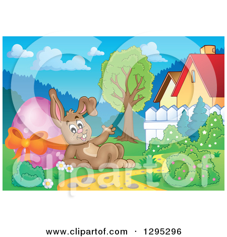 Clipart Of A Brown Easter Bunny Rabbit Waving And Leaning Against A