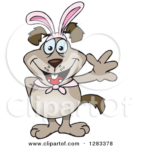 Clipart Of A Friendly Waving Brown Dog Wearing Easter Bunny Ears