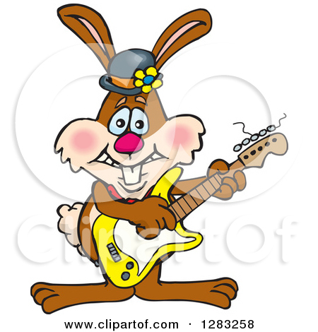 Clipart Of A Happy Brown Easter Bunny Rabbit Playing An Electric