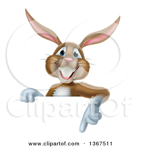 Clipart Of A Happy Brown Easter Bunny Rabbit Pointing Down At A Sign    