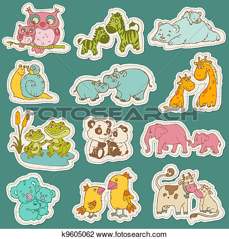 Clipart Of Baby And Mommy Animal Set On Paper Tags   For Design And
