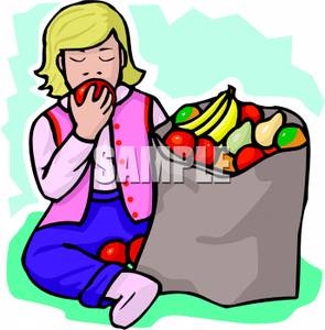 Girl Eating An Apple And Sitting By A Big Of Fruit   Royalty Free    