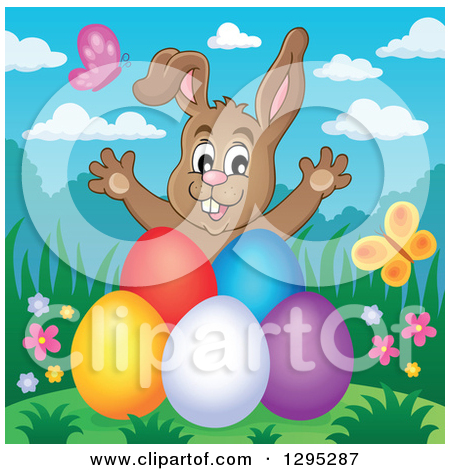 Happy Brown Easter Bunny Rabbit Popping Out Behind Colorful Easter    