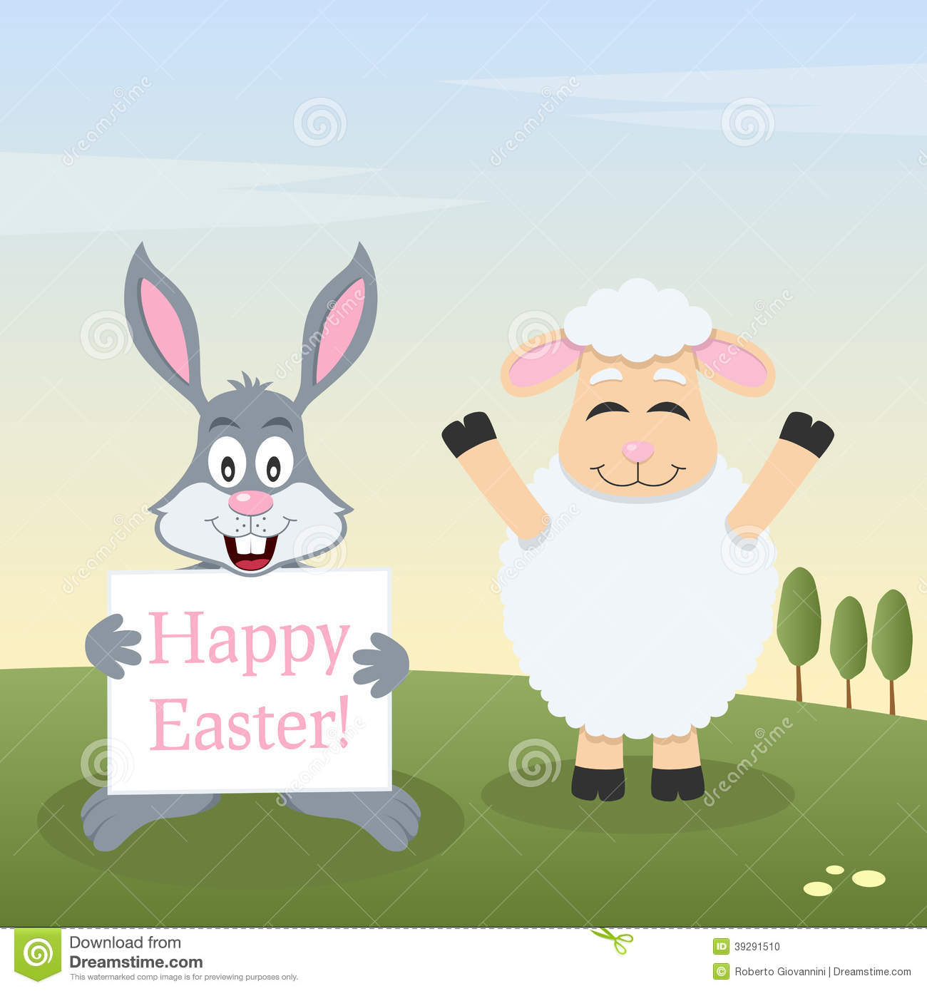 Lamb Bunny Rabbit Easter Banner Happy Greeting Card Cute Holding Happy    