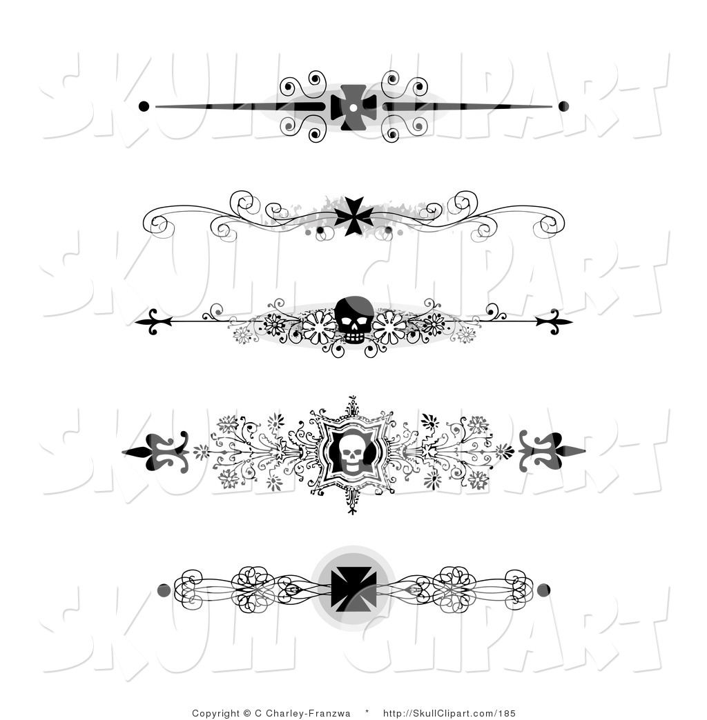 Set Of Five Black And White Flourish Iron Cross And Skull Headers