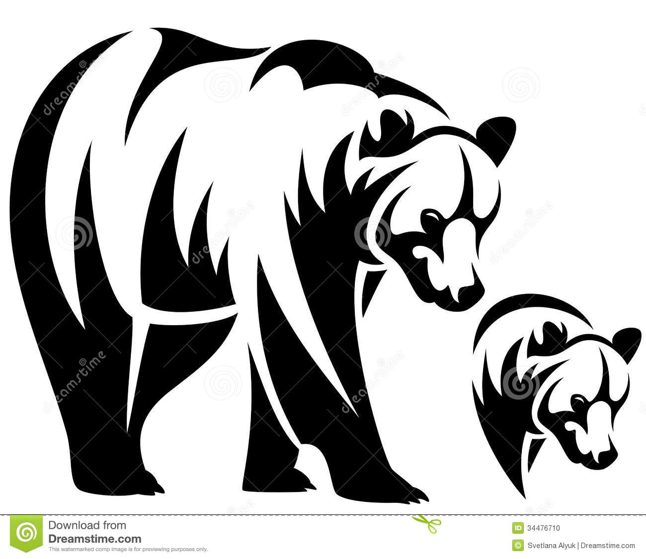 Walking Bear And Animal Head Black And White Outline Emblem