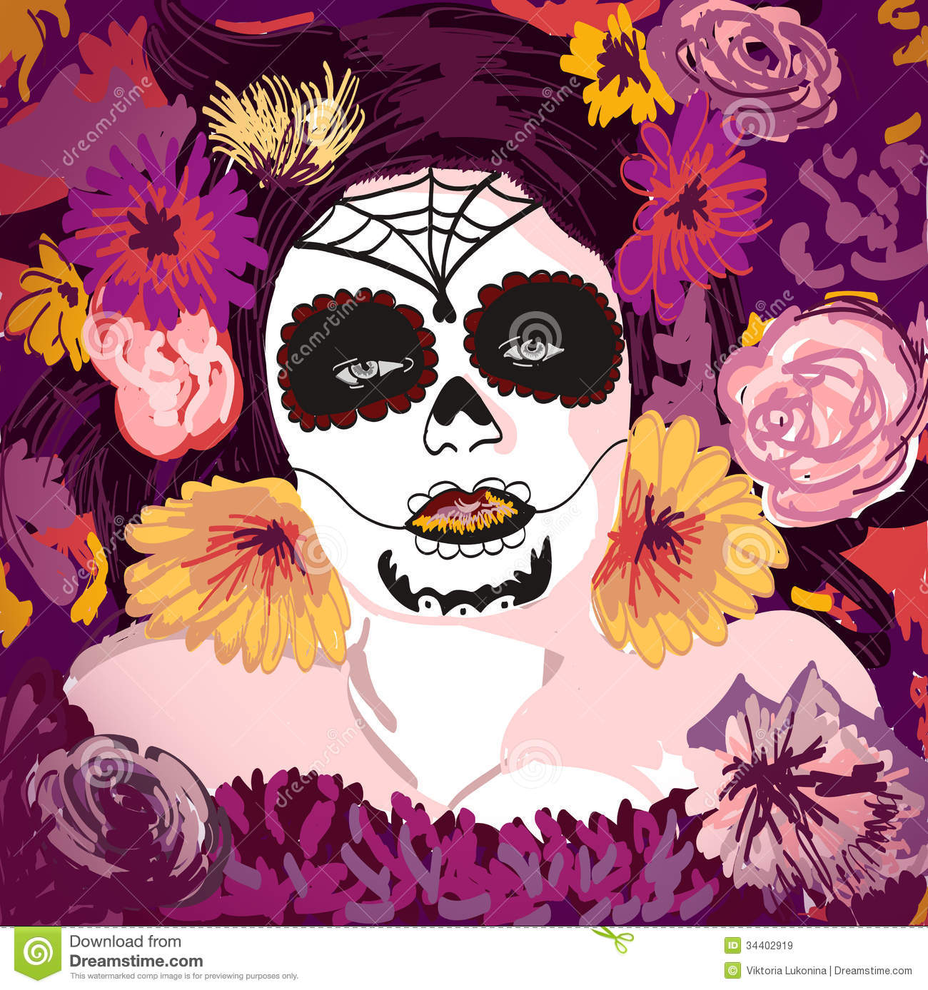 Young Pretty Mexican Sugar Skull Girl Y With Flowe Royalty Free Stock