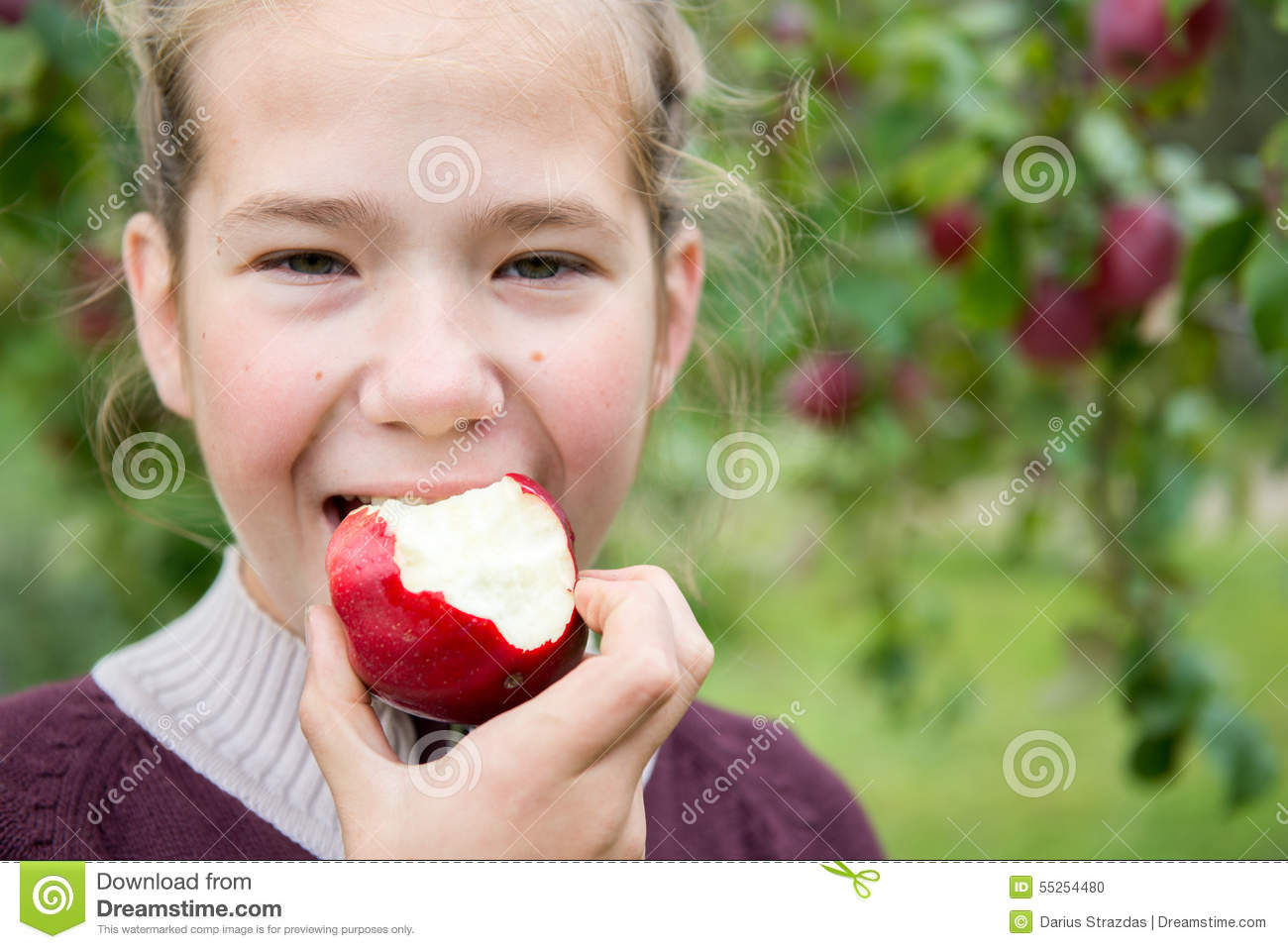 Young Teen Girl Eating Red Apple Near Apple Tree 