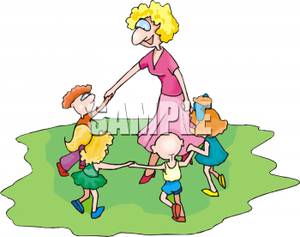Adult Woman Playing In A Circle Of Children   Royalty Free Clipart