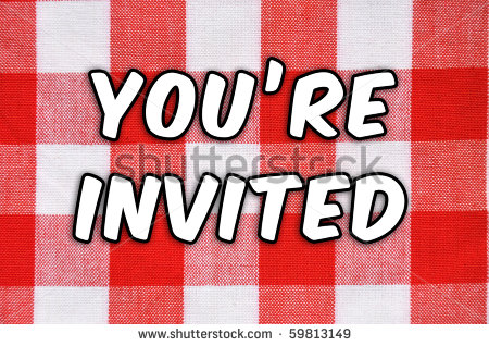 Bbq Concept  Classic Plaid Table Cloth You Re Invited    Stock Photo