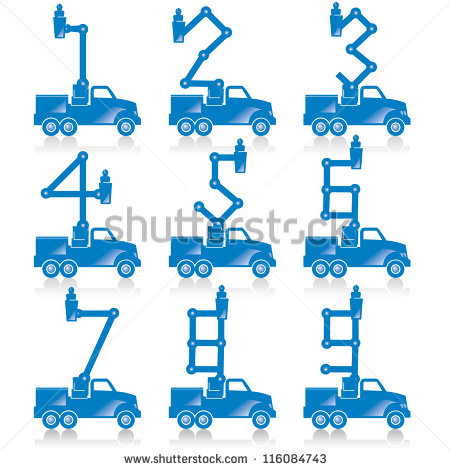 Cherry Pickers With Numbers Made From The Boom Configurations    Stock