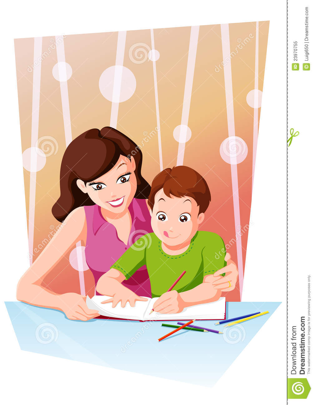 Mom Helping Her Daughter With Homework Or Schoolwork At Home