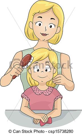 Vector   Mom Brushing Daughter S Hair   Stock Illustration Royalty