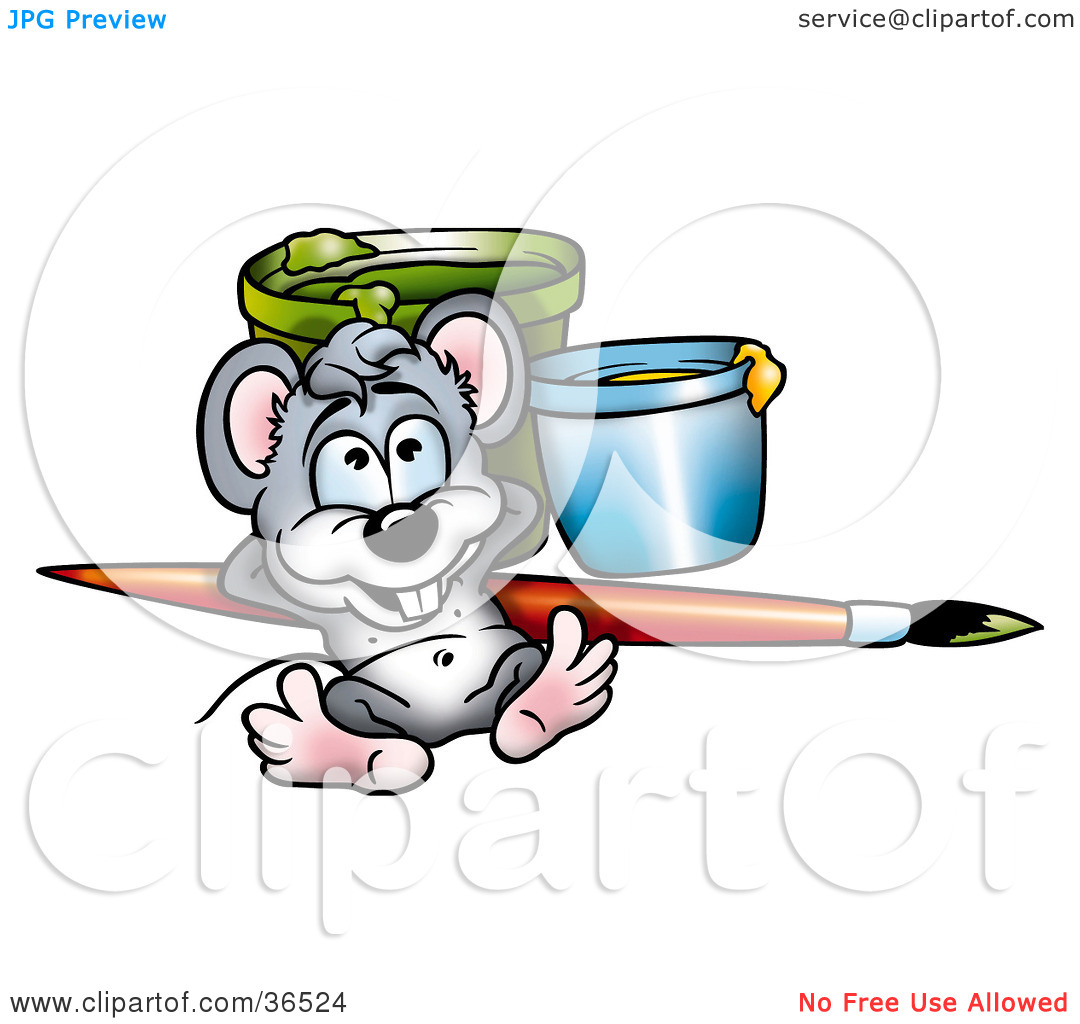 Clipart Illustration Of A Mouse Artist Relaxing Against A Paintbrush