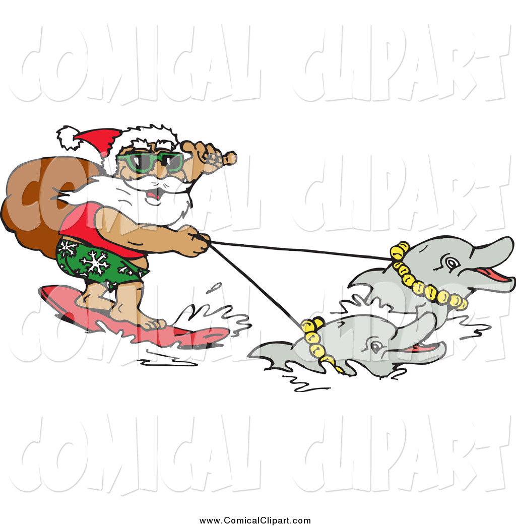   Comical Clip Art Of A Santa Surfing And Holding Reins To Dolphins    
