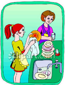 Girl Helping Her Mom Wash The Dishes   Royalty Free Clipart Picture