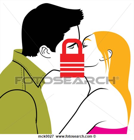 Illustration Of Two People Kissing With A Lock Infront Of Their Lips