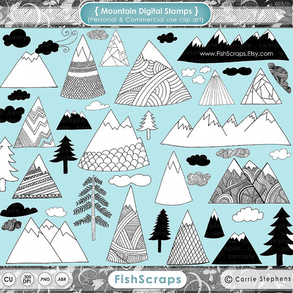 Mountain Clip Art   Hand Drawn Digital Stamps   Doodle   Pine Tree    